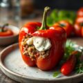 Gevulde paprika met gehakt, geitenkaas en tros tomaatjes