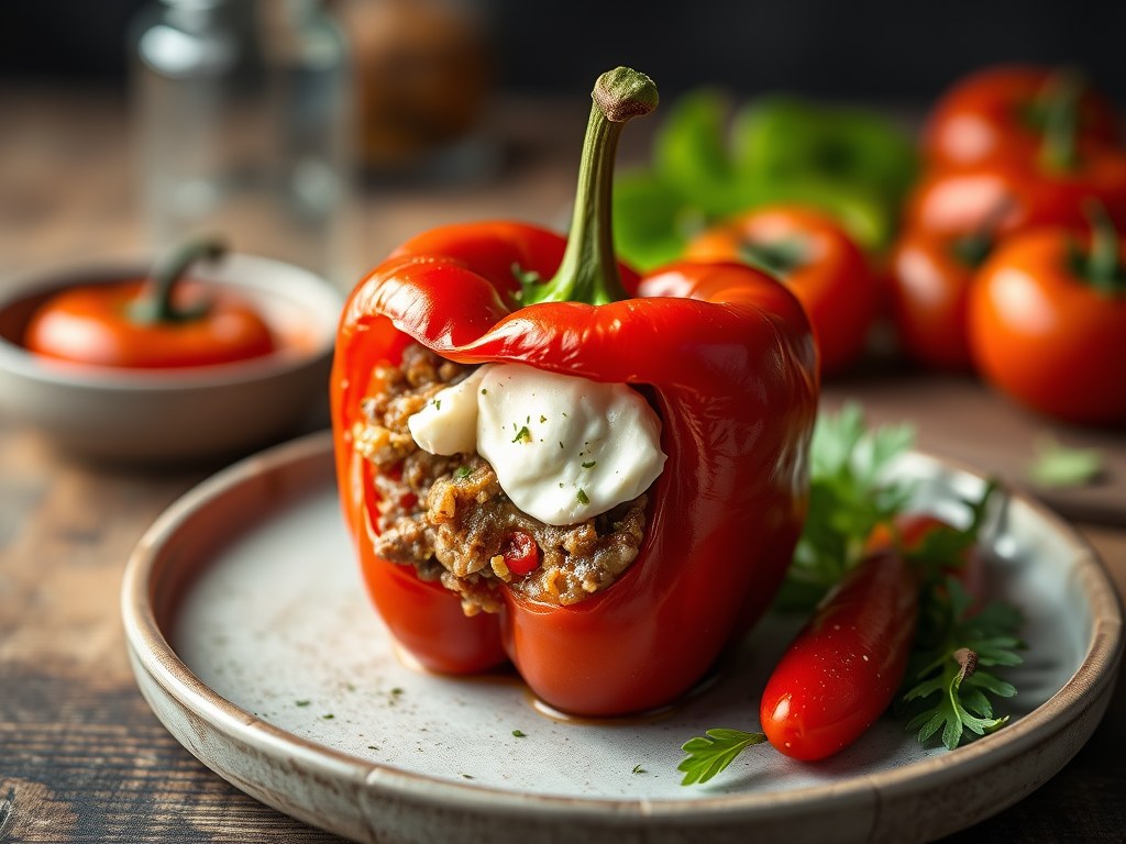 Gevulde paprika met gehakt, geitenkaas en tros tomaatjes, AI-gegenereerde illustratie