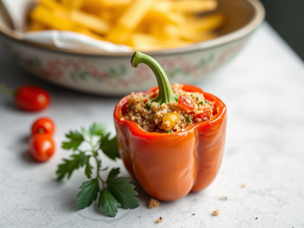 Gevulde paprika met quinoa en kippengehakt, AI-gegenereerde illustratie