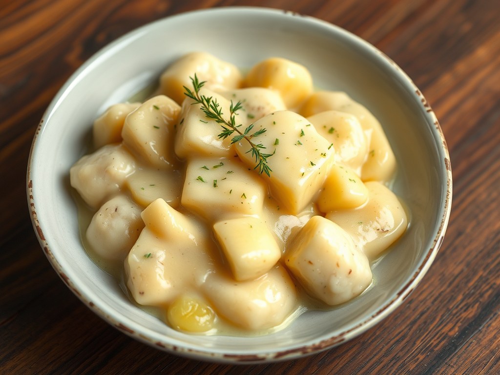 Gevulde poon met blanke botersaus en schorseneren, AI-gegenereerde illustratie