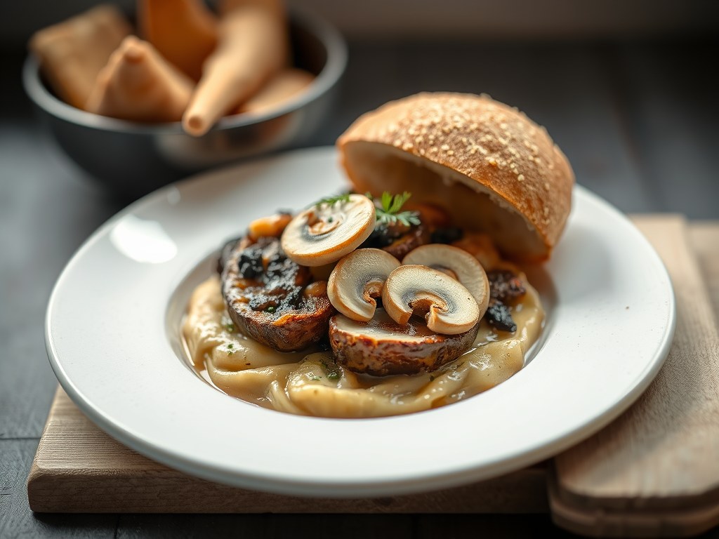 Gevulde schar met Brugs Broodje en Parijse champignons, AI-gegenereerde illustratie