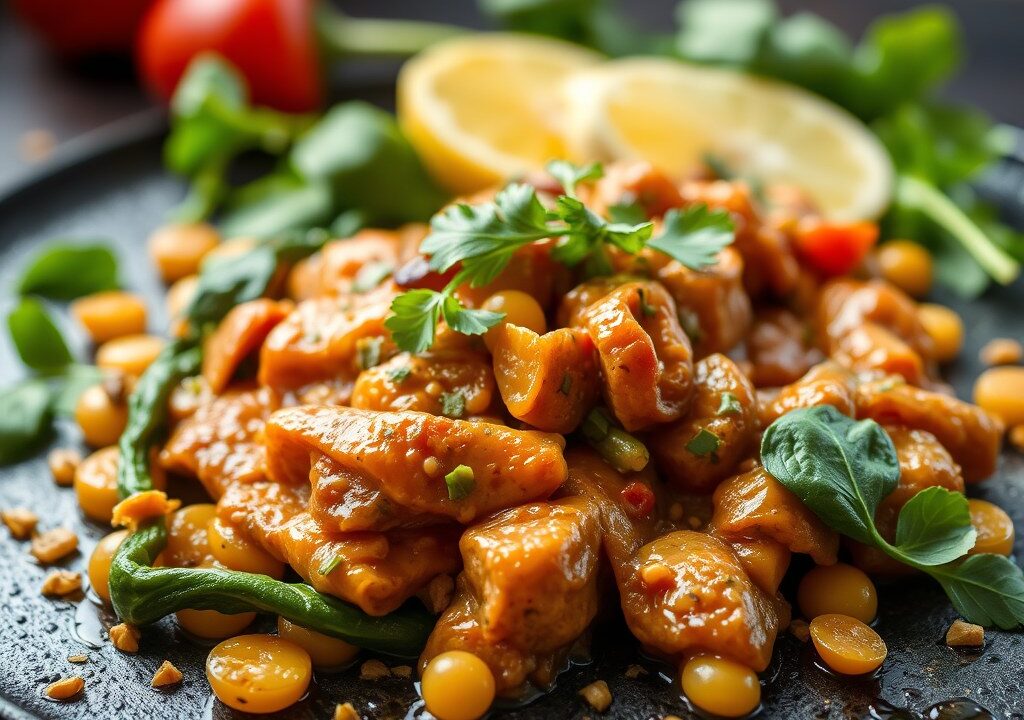 Gewokt lamsvlees op zijn Grieks met paprika en bladspinazie — AI-gegenereerde illustratie
