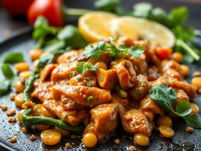 Gewokt lamsvlees op zijn Grieks met paprika en bladspinazie — AI-gegenereerde illustratie
