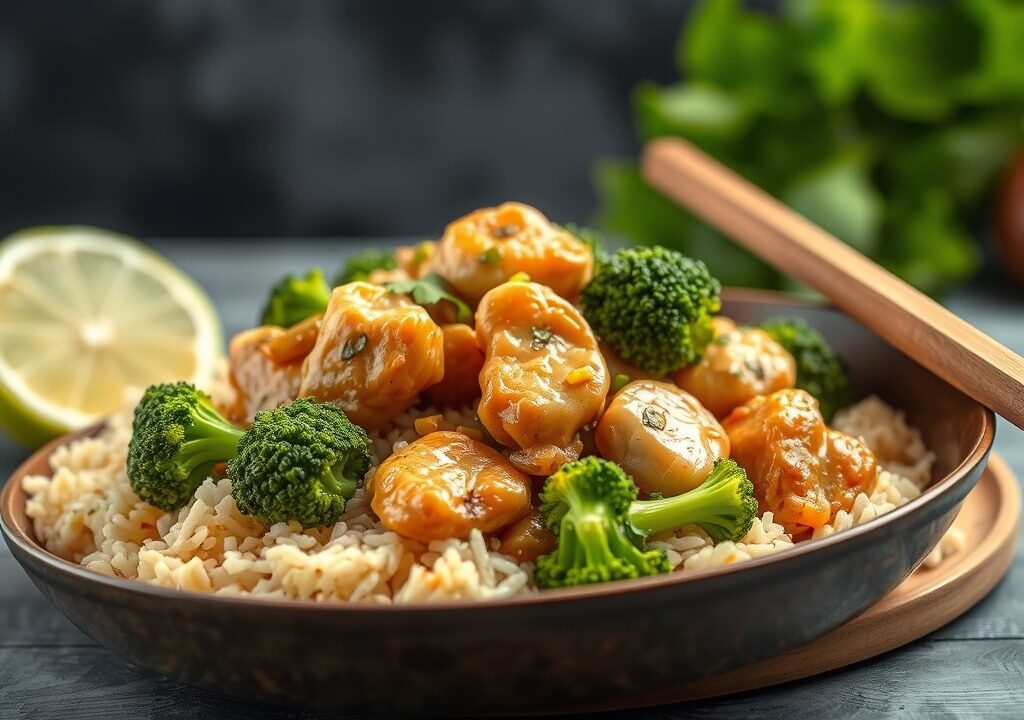 Gewokte kip met broccoli en gember — AI-gegenereerde illustratie