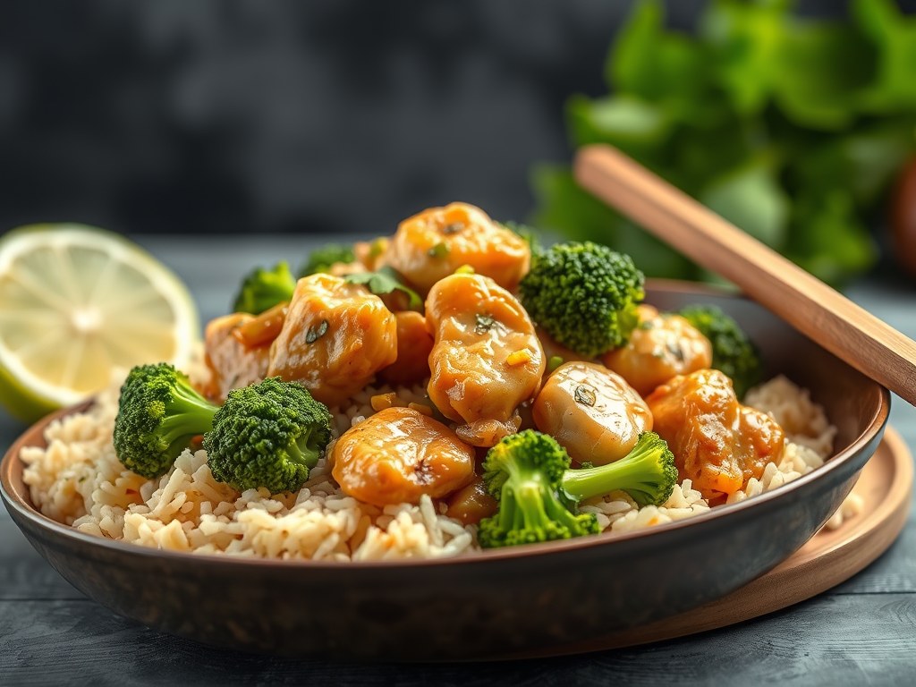 Gewokte kip met broccoli en gember, AI-gegenereerde illustratie