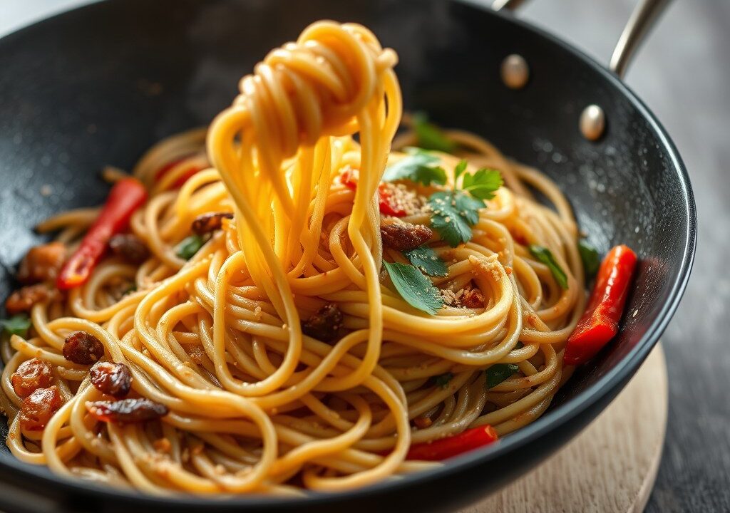 Gewokte noodles met sesam, nobashigarnaal en gember, AI-gegenereerde illustratie