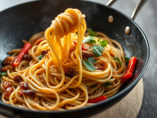 Gewokte noodles met sesam, nobashigarnaal en gember — AI-gegenereerde illustratie