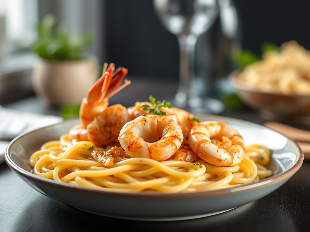 Gewokte scampi’s met pittige saus en tagliatelle, AI-gegenereerde illustratie