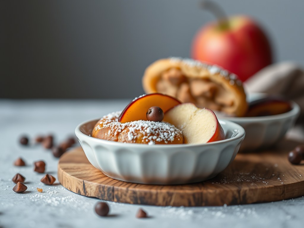 Glaasjes met zwarte pens, appels en geroosterde peperkoek, AI-gegenereerde illustratie