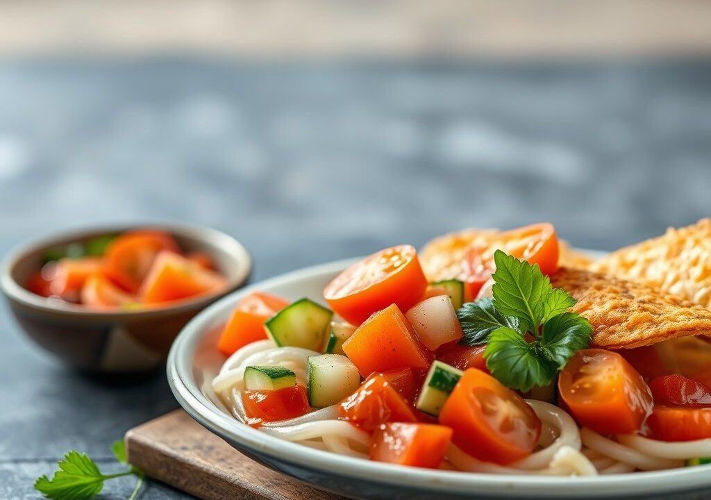 Glasmihoen met Tomaten-Komkommer Salade en Gebakken Tahoe — AI-gegenereerde illustratie