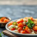 Glasmihoen met Tomaten-Komkommer Salade en Gebakken Tahoe