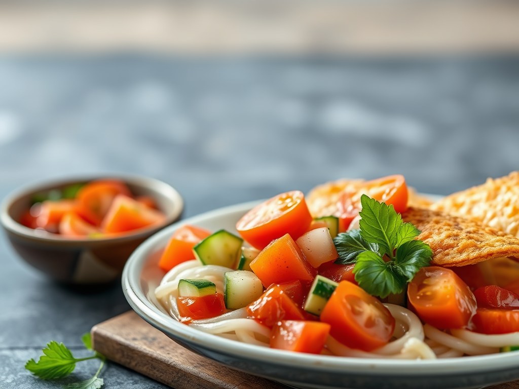 Glasmihoen met Tomaten-Komkommer Salade en Gebakken Tahoe, AI-gegenereerde illustratie