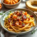 Gluten vrije pasta met gepureerde pompoen, pancetta en salie