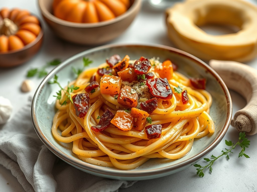 Gluten vrije pasta met gepureerde pompoen, pancetta en salie, AI-gegenereerde illustratie