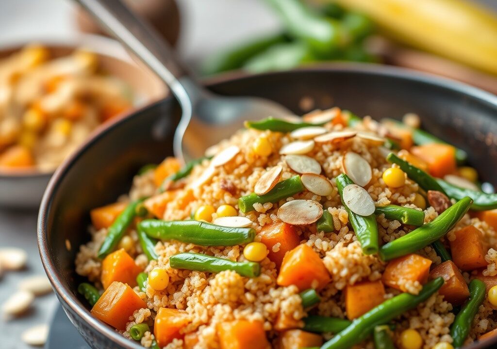 Glutenvrij Quinoa met groenten en amandelen, AI-gegenereerde illustratie