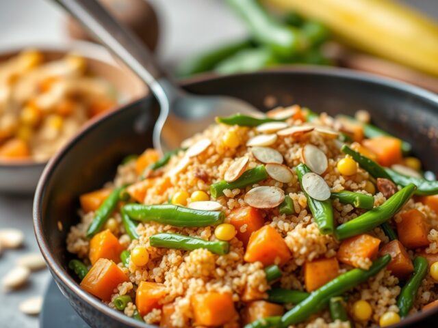 Glutenvrij Quinoa met groenten en amandelen — AI-gegenereerde illustratie