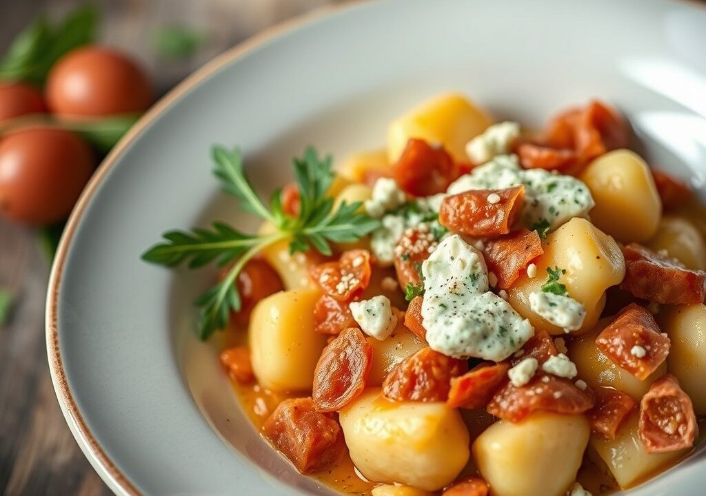 Gnocchi di porro e pancetta in salsa al gorgonzola, AI-gegenereerde illustratie