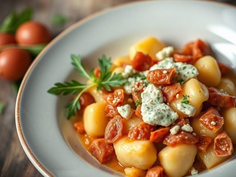 Gnocchi di porro e pancetta in salsa al gorgonzola — AI-gegenereerde illustratie
