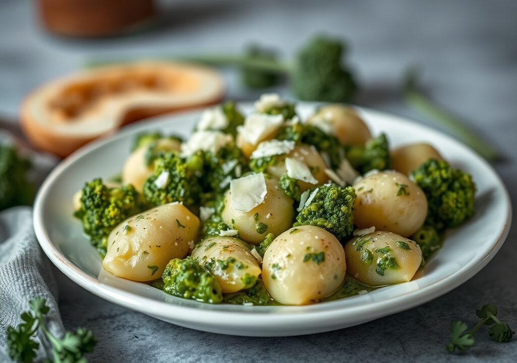 Gnocchi met broccolipesto, AI-gegenereerde illustratie