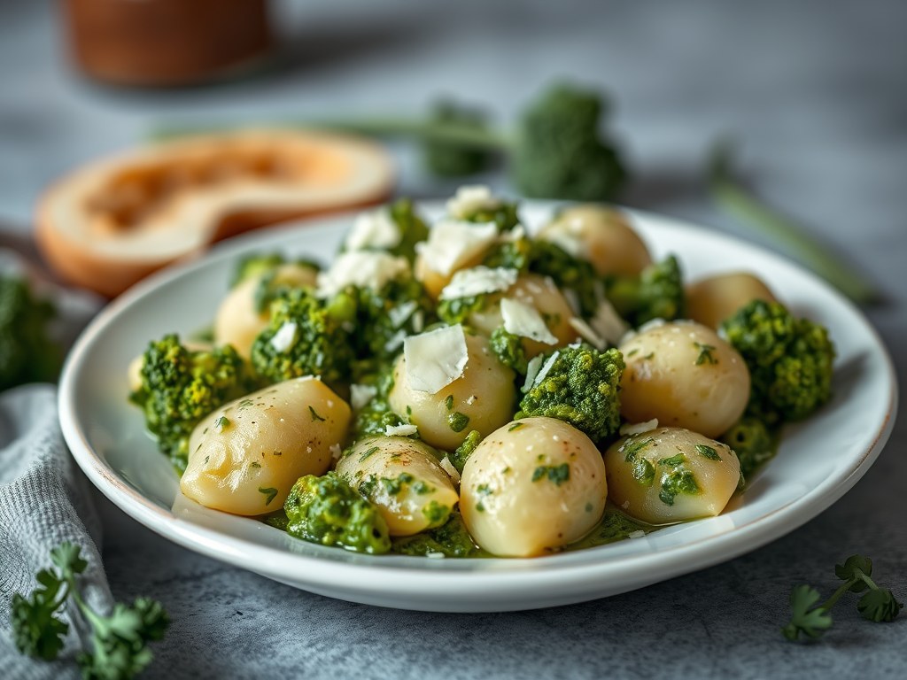 Gnocchi met broccolipesto, AI-gegenereerde illustratie