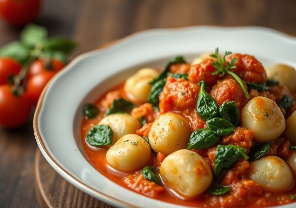 Gnocchi met Spinazie, geserveerd met Tomatensaus — AI-gegenereerde illustratie