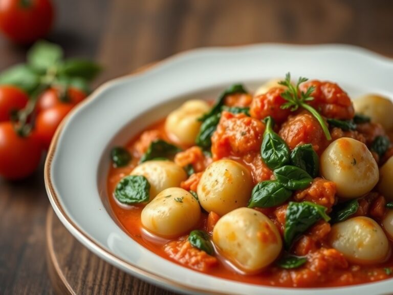 Gnocchi met Spinazie, geserveerd met Tomatensaus — AI-gegenereerde illustratie