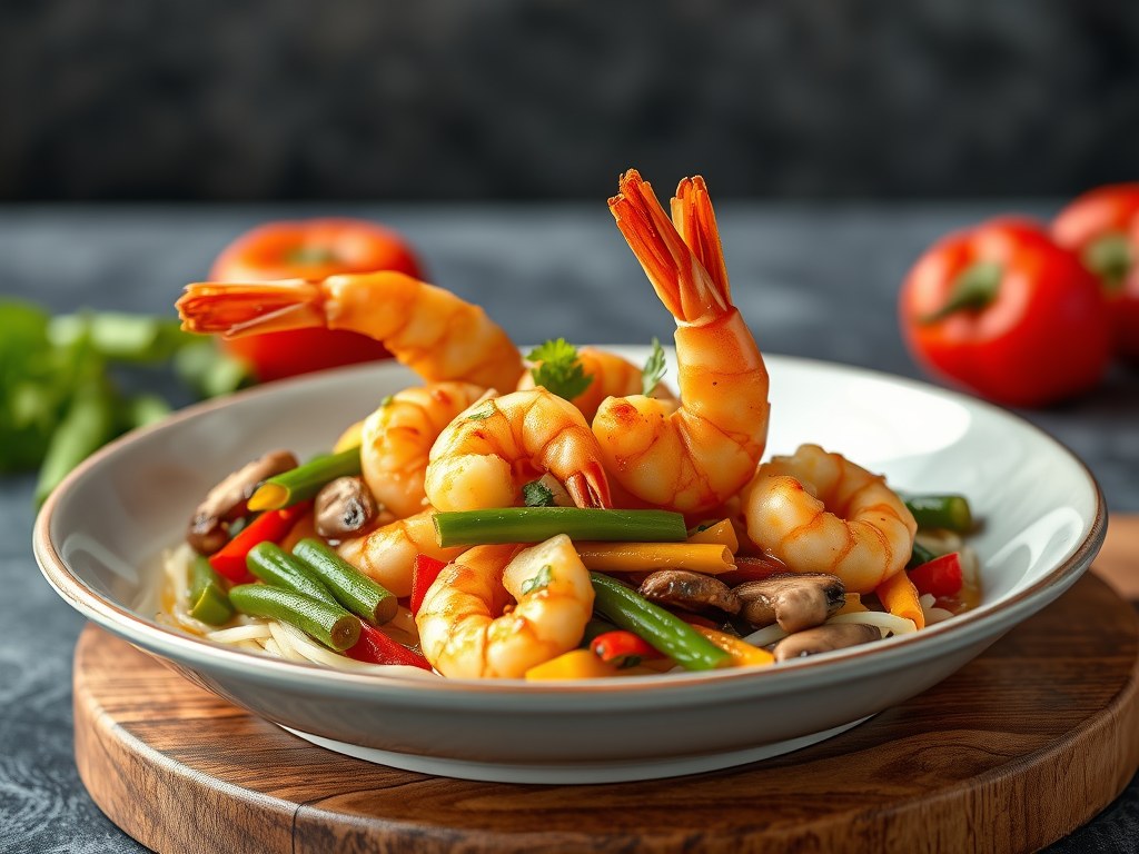 Gouden garnalen en knapperige groenten in cashew saus, AI-gegenereerde illustratie