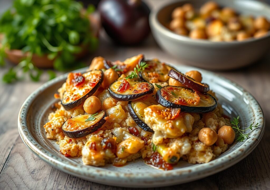 Gratin met zonnegroenten op ‘crumble’ wijze, AI-gegenereerde illustratie