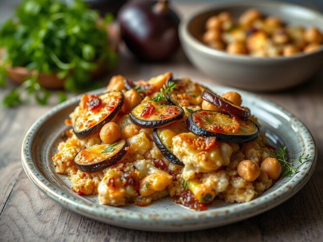 Gratin met zonnegroenten op ‘crumble’ wijze — AI-gegenereerde illustratie
