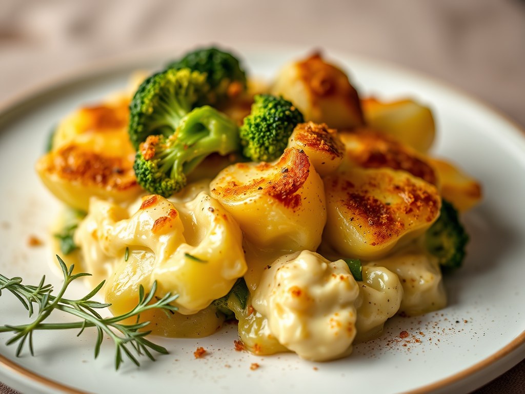 Gratin van aardappelen en broccoli met mimolette, AI-gegenereerde illustratie