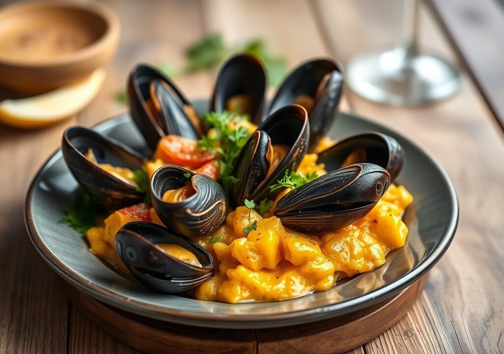 Gratin van mosselen met groentjes en curry, AI-gegenereerde illustratie