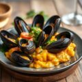 Gratin van mosselen met groentjes en curry