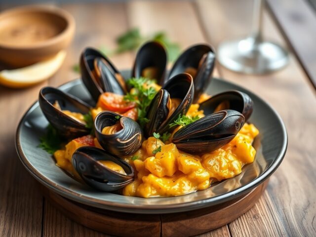 Gratin van mosselen met groentjes en curry — AI-gegenereerde illustratie