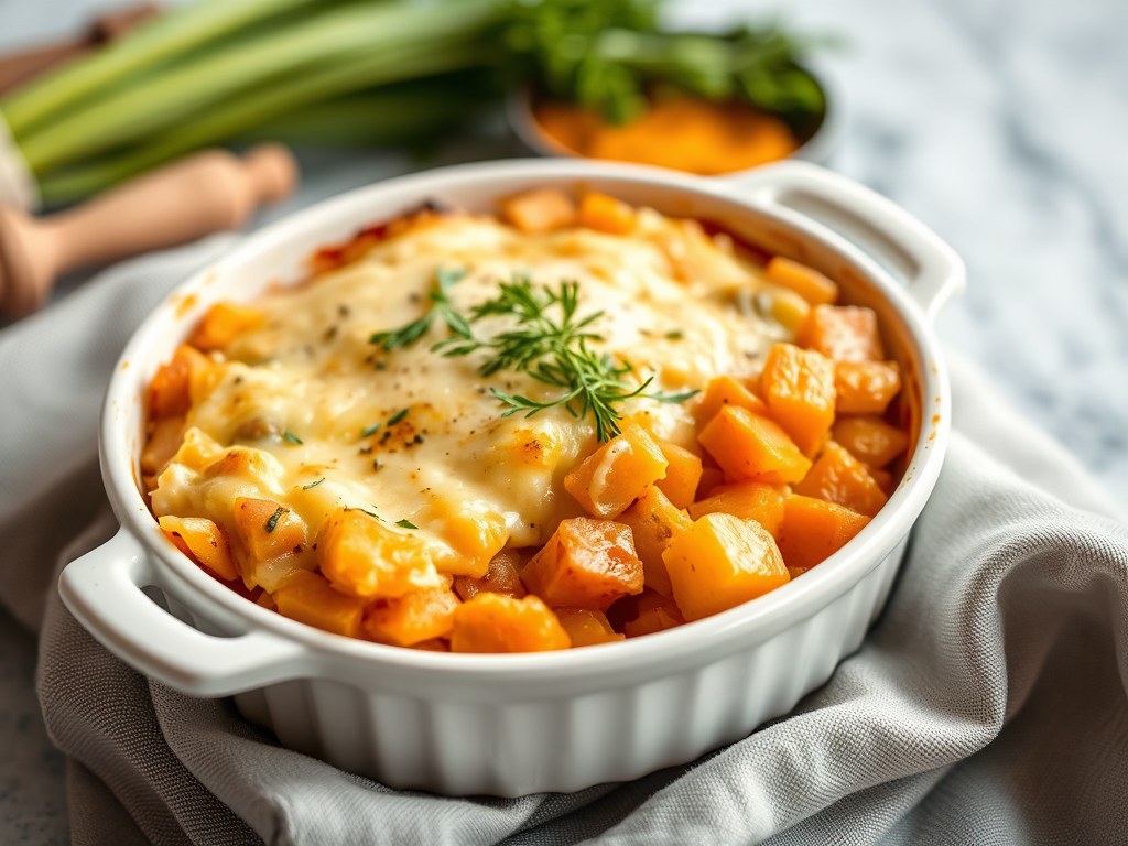 Gratin van prei en zoete aardappel, AI-gegenereerde illustratie