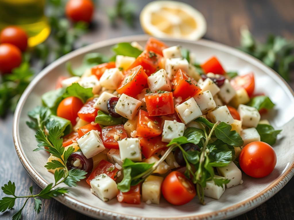 Griekse salade, AI-gegenereerde illustratie
