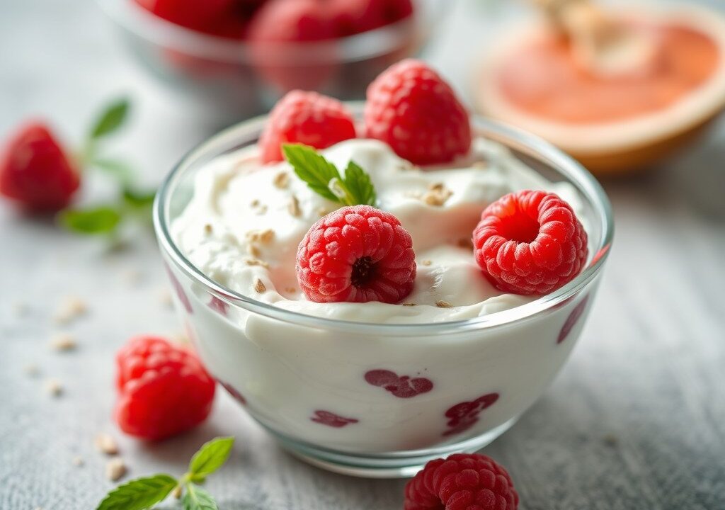 Griekse yoghurt met frambozen, AI-gegenereerde illustratie