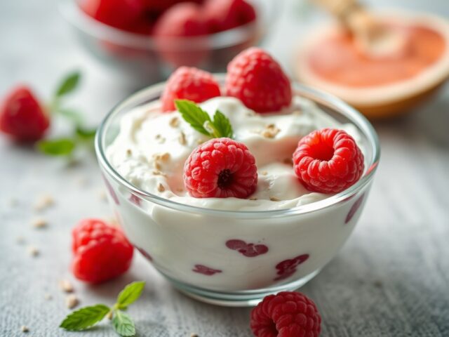 Griekse yoghurt met frambozen — AI-gegenereerde illustratie