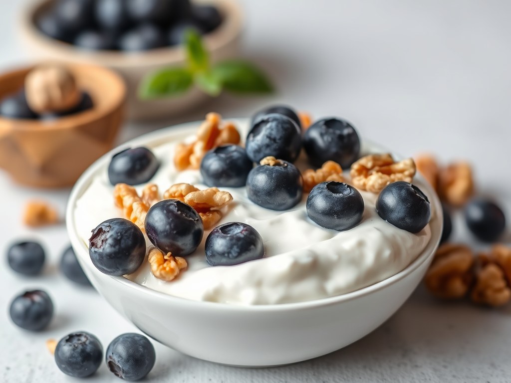 Griekse yoghurt met kletskoppen en walnoten, AI-gegenereerde illustratie