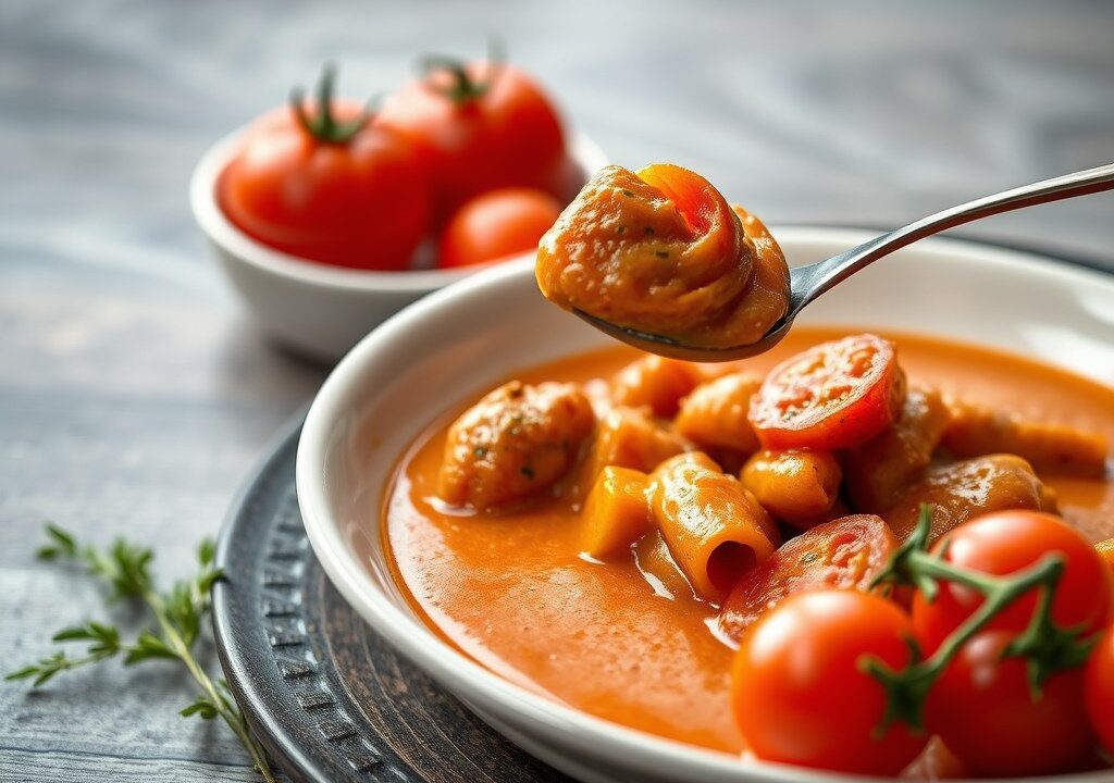 Griet in vermoutsaus met fondue van tomaat en dragon, AI-gegenereerde illustratie