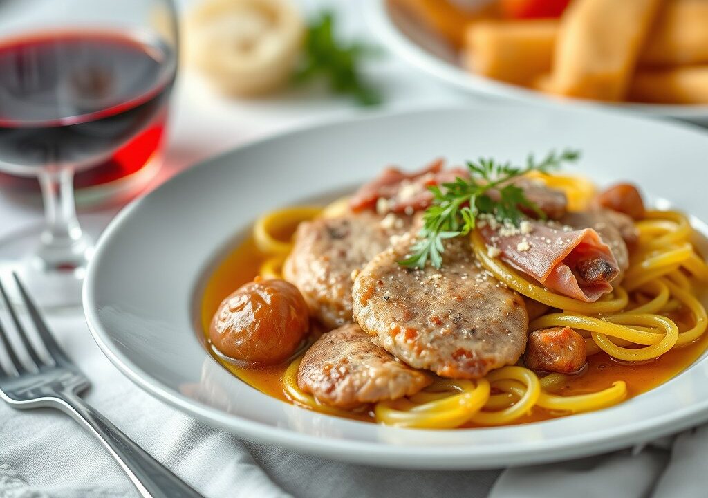 Grietfilet met saffraanspirelli, krokante ham en wijnsausje, AI-gegenereerde illustratie