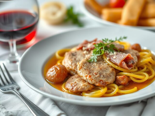 Grietfilet met saffraanspirelli, krokante ham en wijnsausje — AI-gegenereerde illustratie