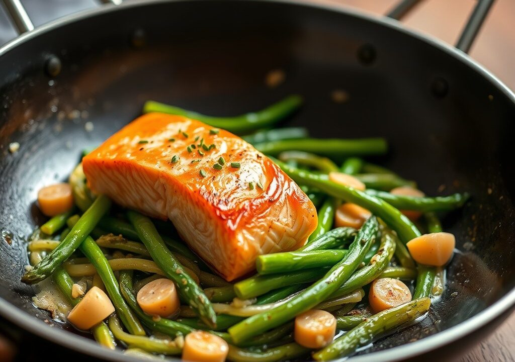Groene asperges met gewokte zalm, AI-gegenereerde illustratie