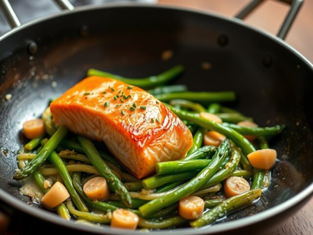 Groene asperges met gewokte zalm — AI-gegenereerde illustratie