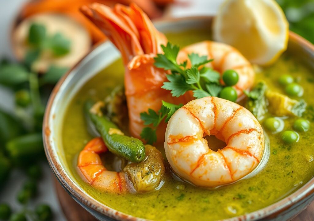 Groene curry met grote garnalen, AI-gegenereerde illustratie