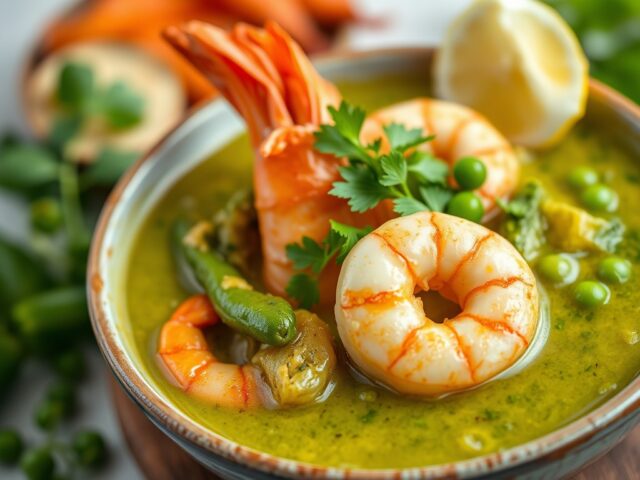 Groene curry met grote garnalen — AI-gegenereerde illustratie