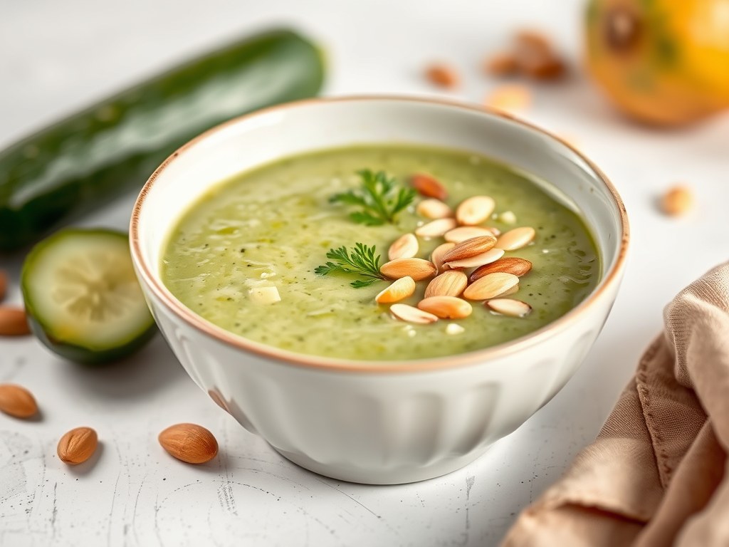 Groene gazpacho met amandelen en citroenmelisse, AI-gegenereerde illustratie