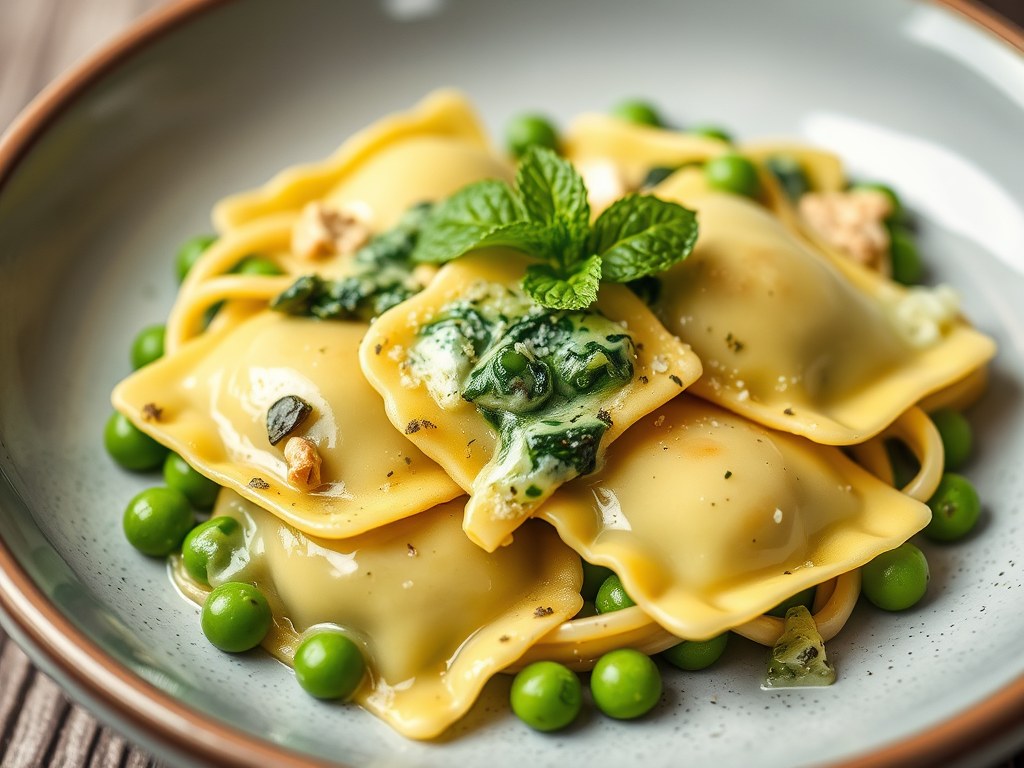 Groene ravioli met erwten en munt, AI-gegenereerde illustratie