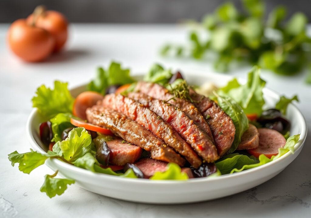 Groene salade met tagliata van rundvlees, AI-gegenereerde illustratie