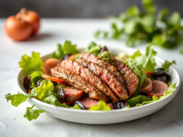 Groene salade met tagliata van rundvlees — AI-gegenereerde illustratie