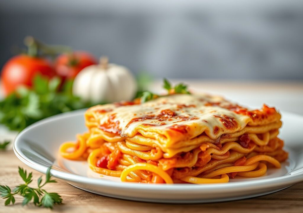 Groentenlasagna met kaas-tomatenkorstje — AI-gegenereerde illustratie